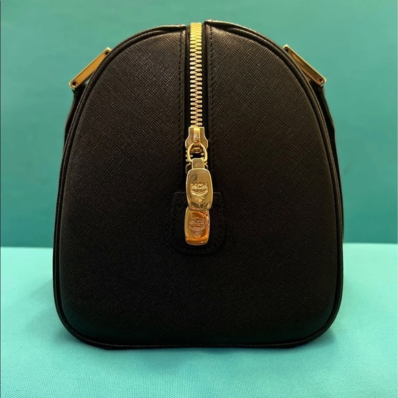 MCM Boston Bag Studded Logo Motifs Black Saffiano Leather Satchel - Picture 9 of 13